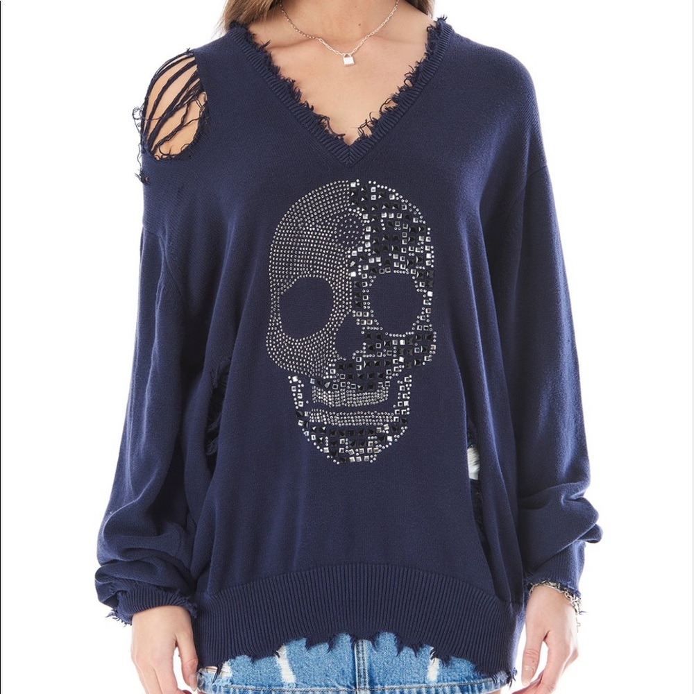 VINTAGE DISTRESSED RHINESTONE SKULL SWEATER